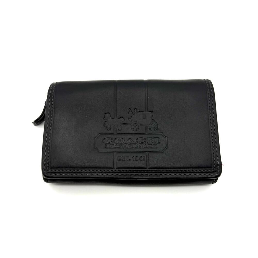 Coach Bleecker Wallet Black Leather Embossed Signature Carriage Logo Pink Lining
